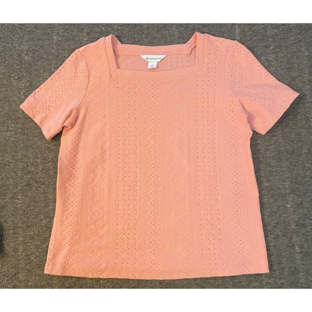 Liz‎ Claiborne Pink Eyelet Top Womens Small Short Sleeve Stretch Cotton Shirt